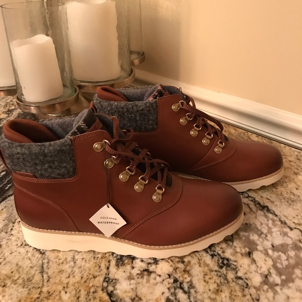 Cole Haan Brown Leather Waterproof Ankle Boots with Gray Collar